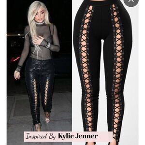 Poshbyv Black Lace-Up Women's Pants Mesh with grommets tie Bottom NWT Sexy Sz S